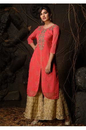 Peach Color Designer Georgette Kurti